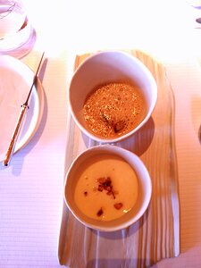 20200928_124355_Pixel3a-JEB bottom: chard, potato soup and hazelnut with pear base- top:mushroom in vegetable bouillon and aioli