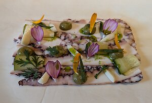 20240702_PXL105842542.MP_Pixel7a-JEB Carpaccio de poulpe et courgettes du jardin marinées aux agrumes et verveine, purée de courgette fumée et amandes fraiches