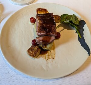 20240702_PXL113831639.MP_Pixel7a-JEB Canette laquée au miel, cerises aïgres et fenouil, salade d'épinard et jus corsé acidulé au jus de cerises