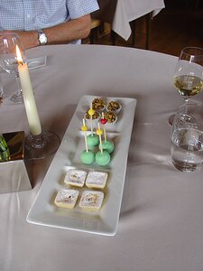 20070601_DSC02660_DSCV1 coffee with petits fours of apple tarts, chocolate ice creams, and pear eau de vie truffles