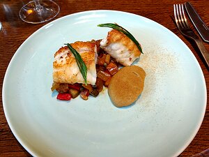 IMG_20170419_190553211_HDR main: Cornish monkfish, new season caponata with roast fennel puree