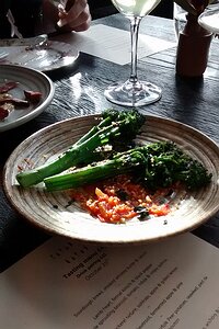 20151025_IMG131607210_MotoG-JEB Purple sprouting broccoli, tomato, nduja (spicy salami) and crispy quinoa (for three - some already gone)