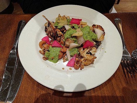 20170222_DSC0084_MotoG4-JEB Roast cauliflower with cashew nut dukkah (Egyptian condiment consisting of a mixture of herbs, nuts, and spices), fried lemons, pickles and green tahini