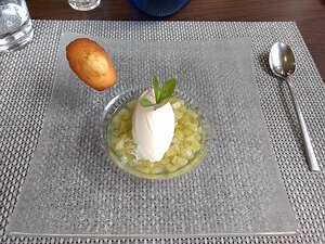 20170511_IMG134457552_HDR_MotoG4-JEB Dessert: Rhubarbe infusée au sureau, glace yaourt et madeleine tiède