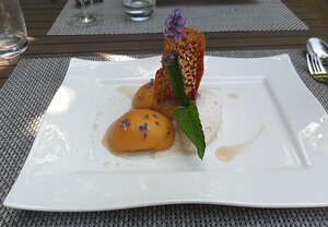 20140612_SAM_1742_ES71 30€ - Pêche rotie au miel et à la lavande, tuile et crème glacée amande