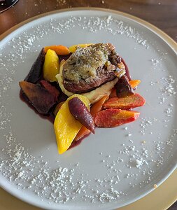 20251026_PXL131433089_Pixel7a-JEB beef bearnaise, olive oil mash, carrots, parmesan and a pomegranate molasses and red wine sauce