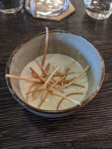 20190919_IMG192402_Pixel3a-JEB amuse bouche: deconstructed tarte flambée - crème fraiche, caramelized onions, and bacon with flour sticks