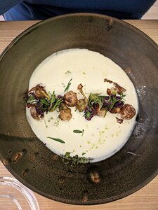 20240425_PXL104454729_Pixel7a-JEB Les Cuisses de grenouilles, poireau confit & crème de lard paysan, Huile d’ail des ours