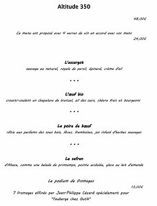 20170517-Guth menu We chose the Altitude 350 menu and shared a podium de fromages. We chose our own wines by the glass.