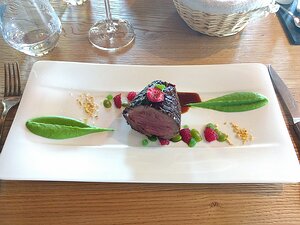 20170517_IMG134213880_MotoG4-JEB La poire de boeuf rôtie aux parfums des sous bois, fèves, framboises, jus infusé d'herbes sauvages