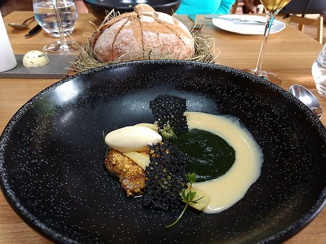 20180621_IMG131026195_MotoG4-JEB Le foie gras poêlé, chaud et froid, glace et velouté de maïs, condiment de lamier blanc (+ white nettle purée)