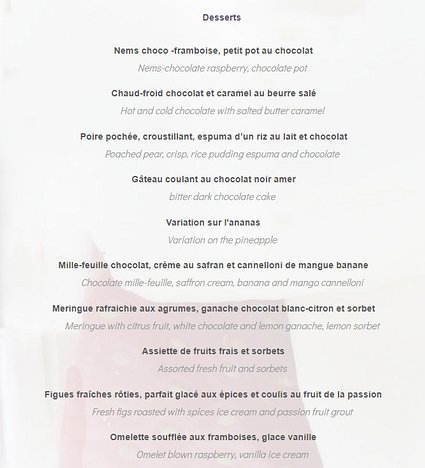Valentino dessert menu