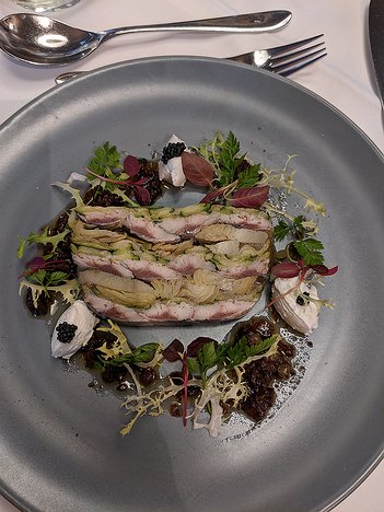 20190906_IMG125804_Pixel3a-JEB first course: Sardine and Mediterranean Vegetable Presse with a Tapenade Dressing and Soft Goats Curd