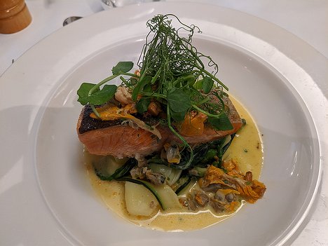 20190906_IMG132018_Pixel3a-JEB main: Pan Fried Fillet of Sea Trout with Samphire and Summer Chanterelles