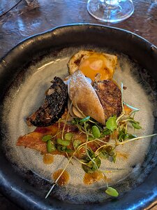 20241024_123207342_PXL7a-JEB Pan Roasted Quail, 'Full English Breakfast' (quail breast, black sausage, quail sausage, fried egg, freid bacon, tomato sauce)