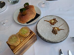 20250614_PXL105628416.MP_Pixel7a-JEB amuse bouche: tartlet with cucumber, goats cheese and mint; little oven-baked potatoes stuffed crab and olive; murex